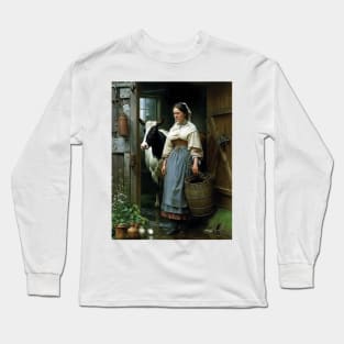 Vintage Oil Painting of Farm Girl and Cow Long Sleeve T-Shirt